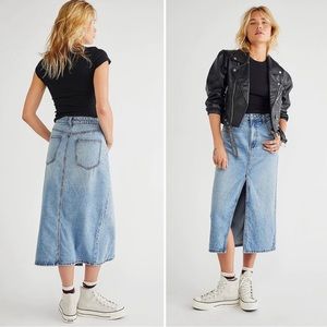 Free People Calabasas Denim Midi Skirt Medium Blue High Rise A-line Size 6